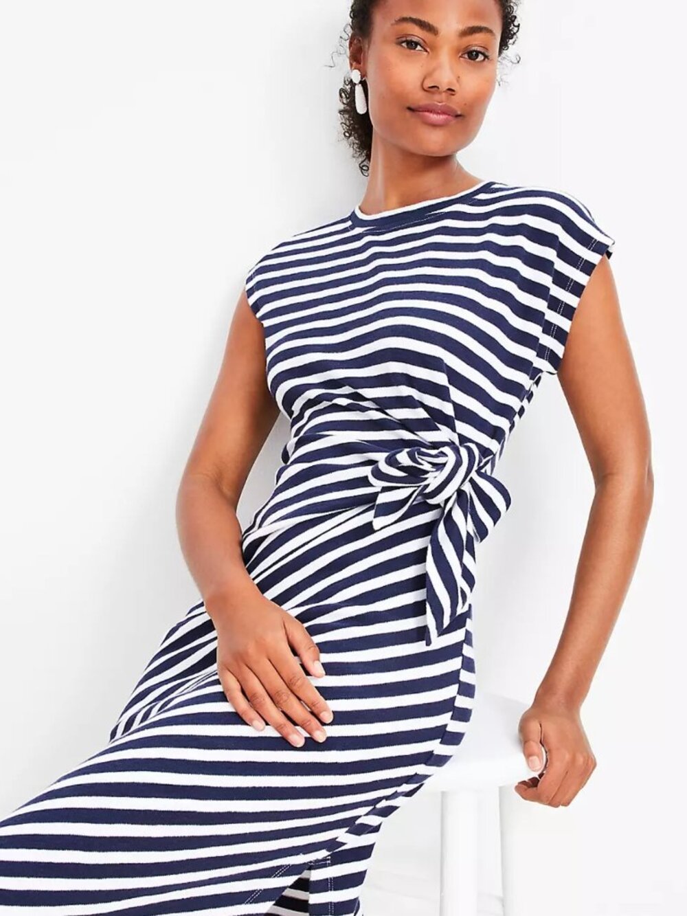 NWT! Petite XXS Midi Cotton Jersey Dress French Nautical Knot side tie Bow Cap